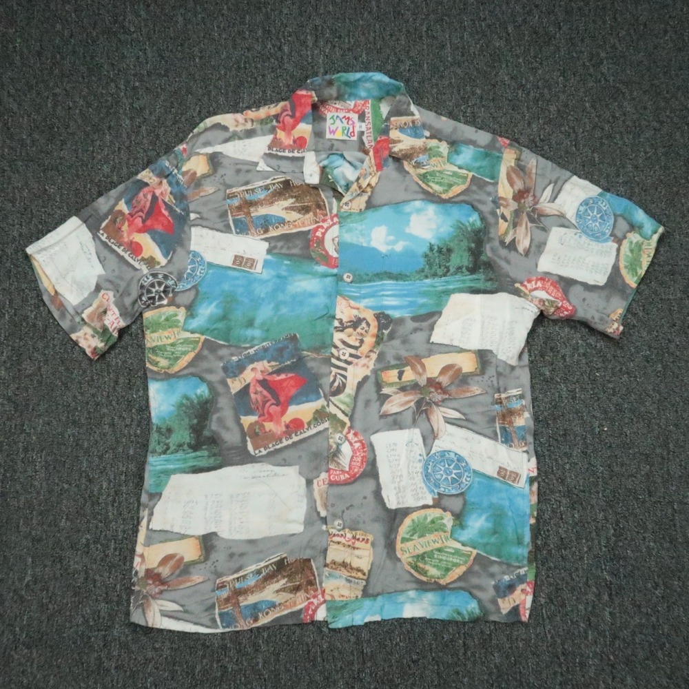 VINTAGE Jams World Shirt Small Gray Blue Travel‎ Colorful Rayon Lightweight M665
